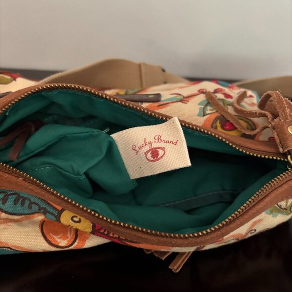 Lucky Brand Flowers and Butterfly Patterned Canvas Brown Suede Shoulder Bag - Picture 13 of 13